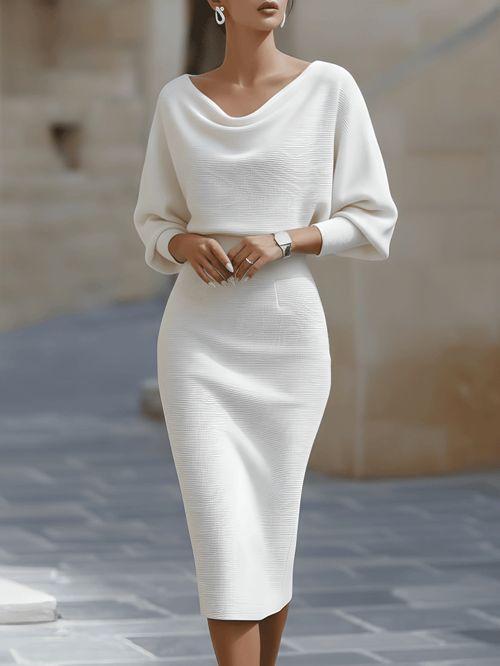 Chic Women's Bodycon Midi Dress with Long Sleeves and Boat Neck