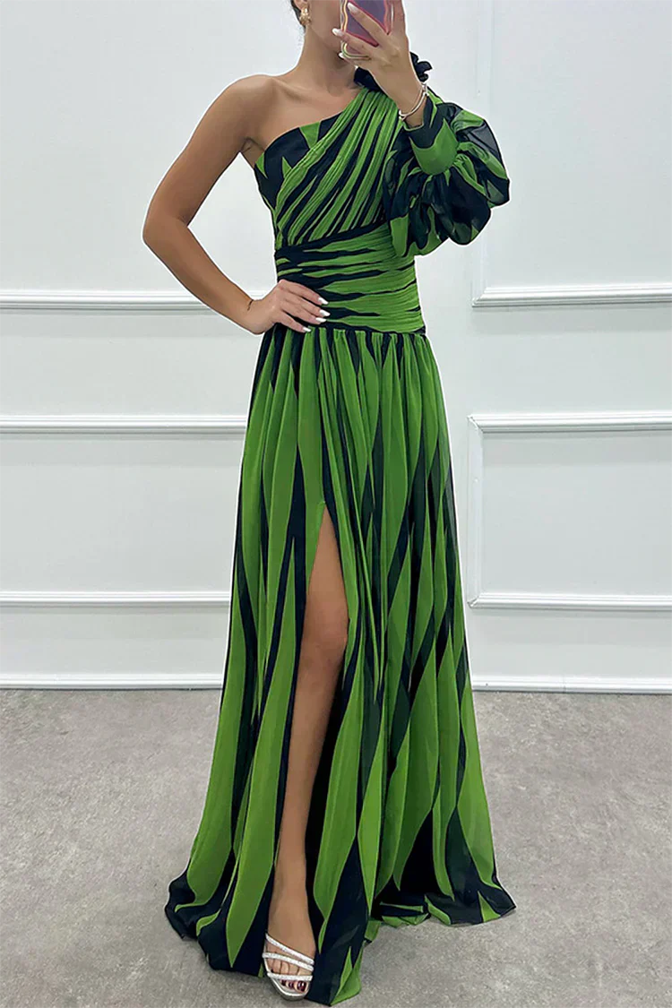 Airy Women's Striped Maxi Dress with One Shoulder and High Slit