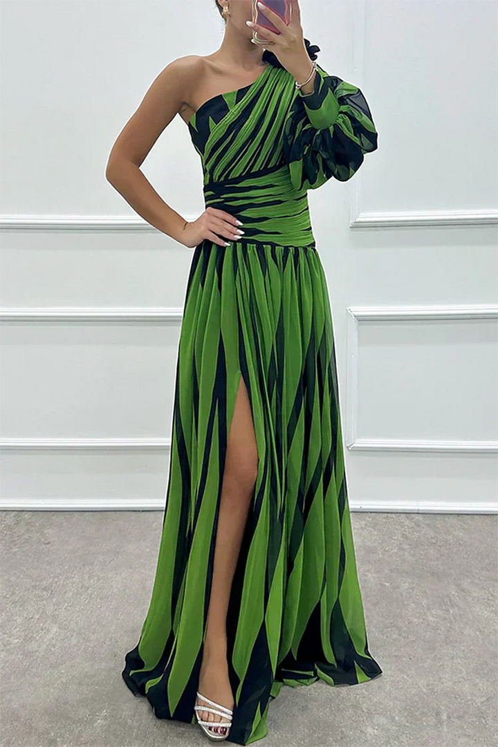 Airy Women's Striped Maxi Dress with One Shoulder and High Slit