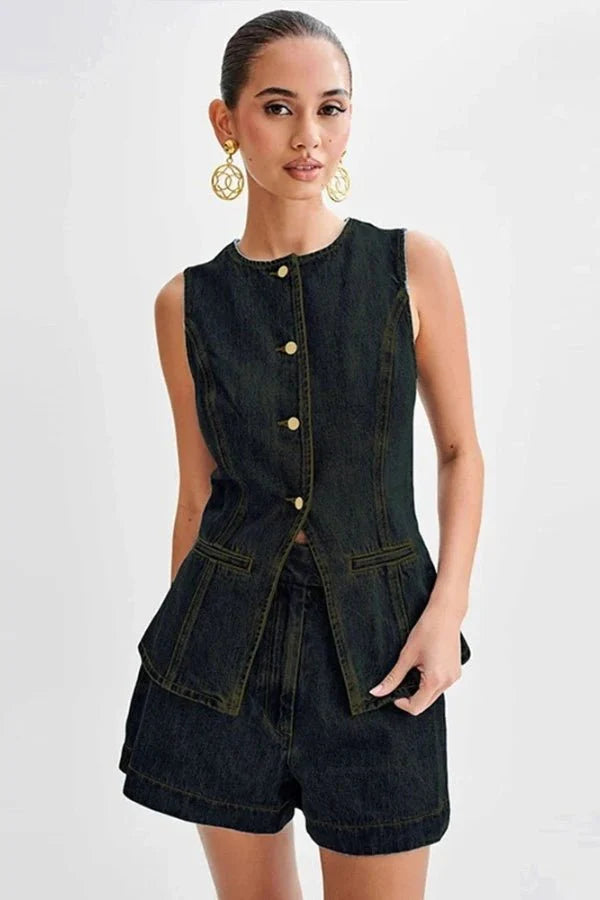 Stylish Denim Set for Women with Sleeveless Vest and Shorts