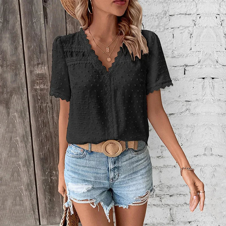 Summer Women's Blouse With V Neck And Lace Short Sleeves