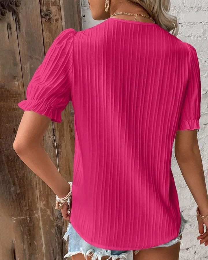 Trendy Women's Blouse With V Neck Lace Details And Short Sleeves