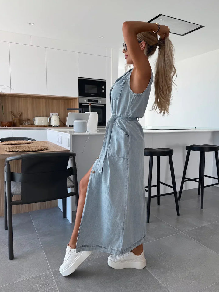 Stylish summer women's midi dress with denim look and slit