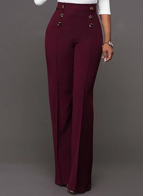 Wine-Red Women's Pants with High Waist and Buttons