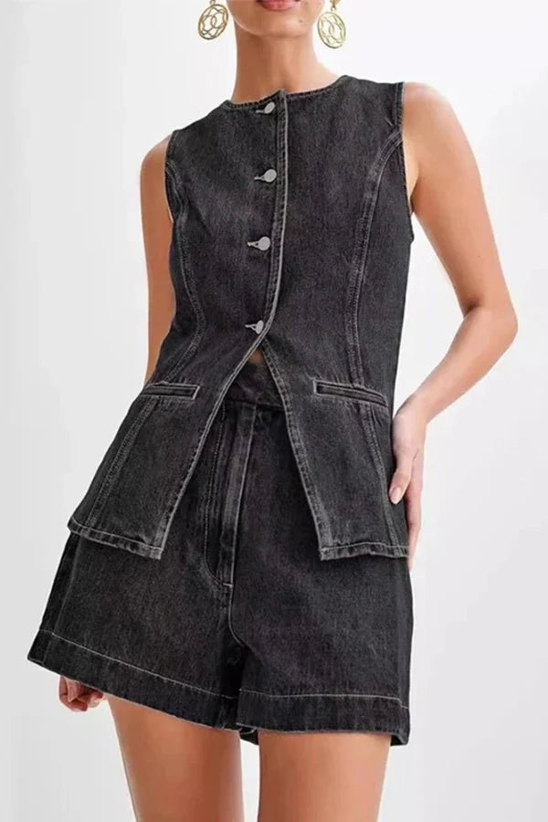 Stylish Denim Set for Women with Sleeveless Vest and Shorts