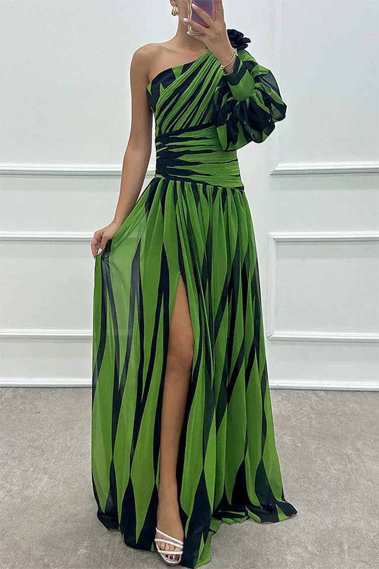 Airy Women's Striped Maxi Dress with One Shoulder and High Slit