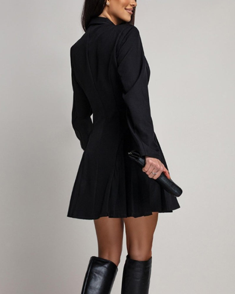 Black Women's Blazer-Style Mini Dress with Buttons for Evening Wear