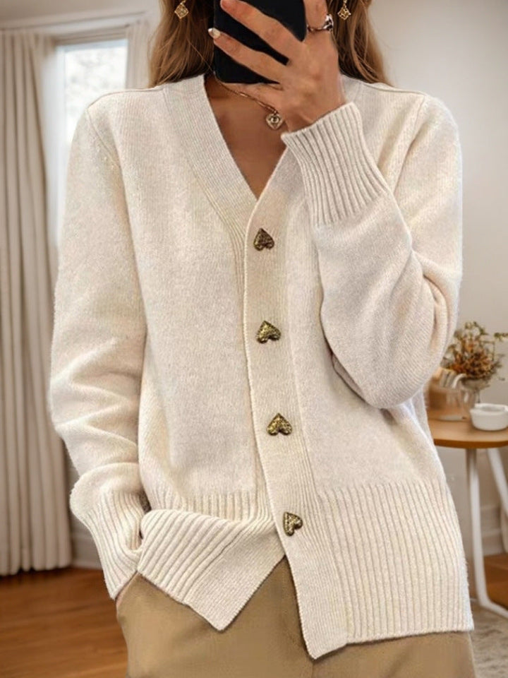 Comfortable Women's Cardigan with Heart Buttons and V-Neck