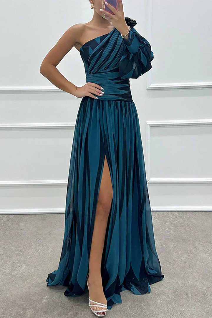 Airy Women's Striped Maxi Dress with One Shoulder and High Slit