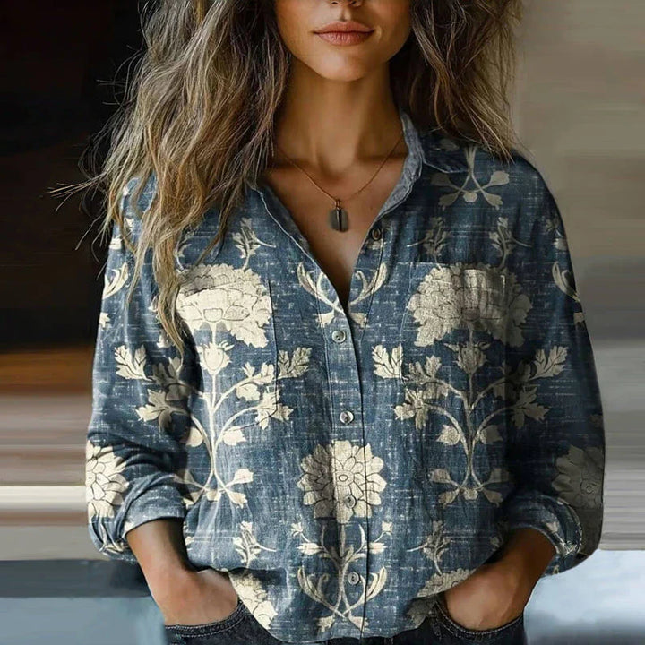 Airy Linen Blouse For Women With Print And Long Sleeves