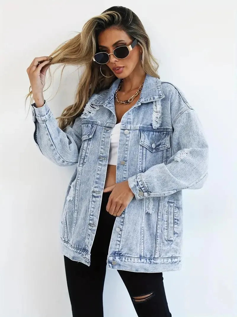Oversized Women's Denim Jacket with Edgy Look and Snap Button Closure