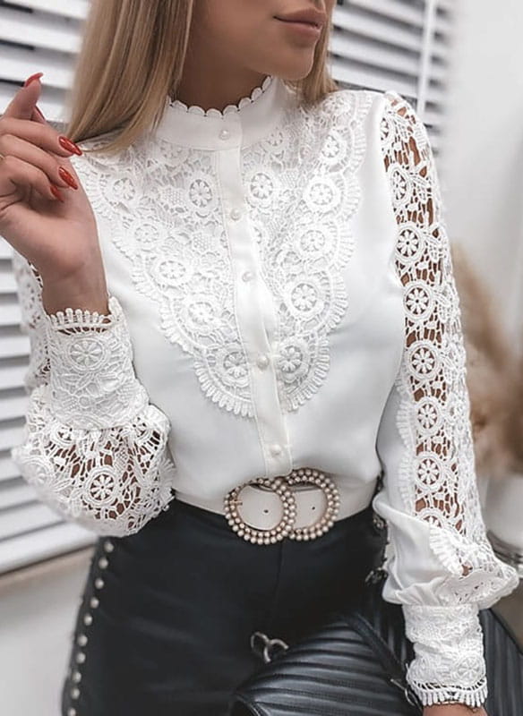 White Elegant Women's Blouse with Lace and Long Sleeves