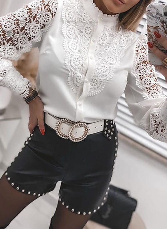 White Elegant Women's Blouse with Lace and Long Sleeves