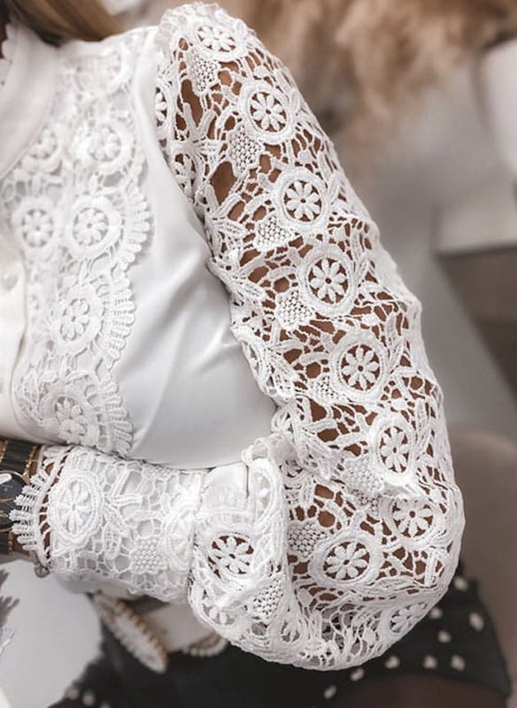 White Elegant Women's Blouse with Lace and Long Sleeves