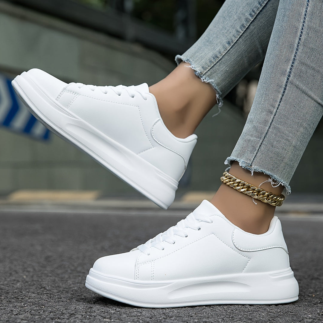 White Comfortable Women's Sneakers with Thick Sole
