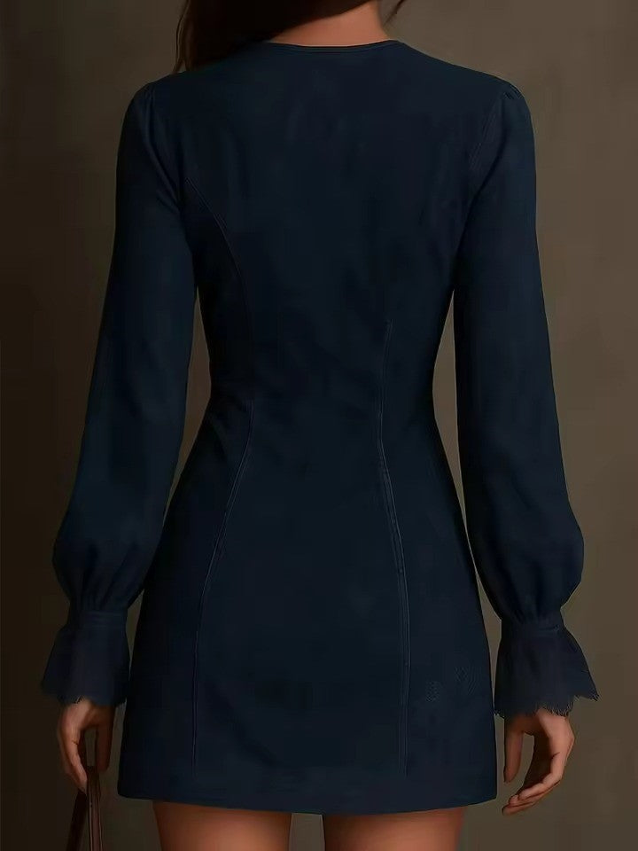 Elegant Suede Mini Dress for Women with Lace and Zipper