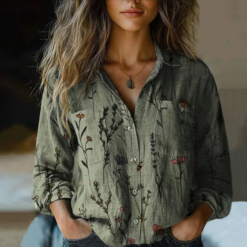 Airy Linen Blouse For Women With Print And Long Sleeves