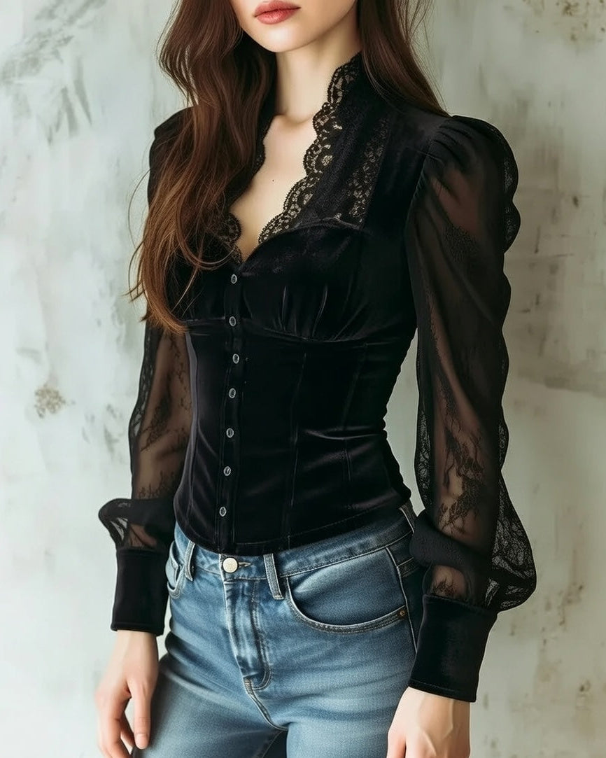 Stylish Women's Lace Blouse with Long Sleeves and Button Closure