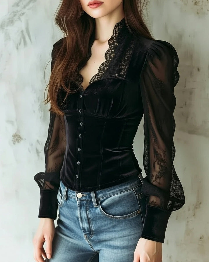 Stylish Women's Lace Blouse with Long Sleeves and Button Closure