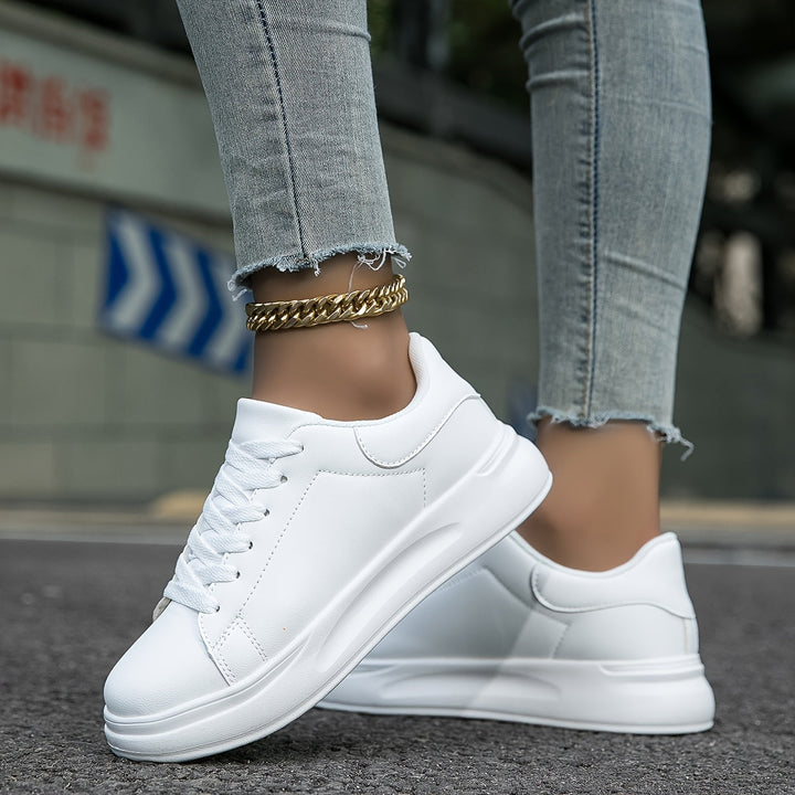White Comfortable Women's Sneakers with Thick Sole