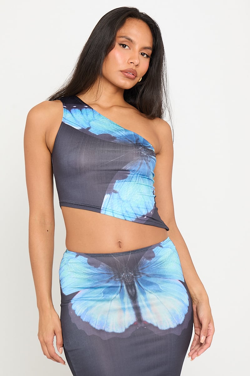 Ladonna | One-Shoulder Set with Butterfly Print and Maxi Skirt