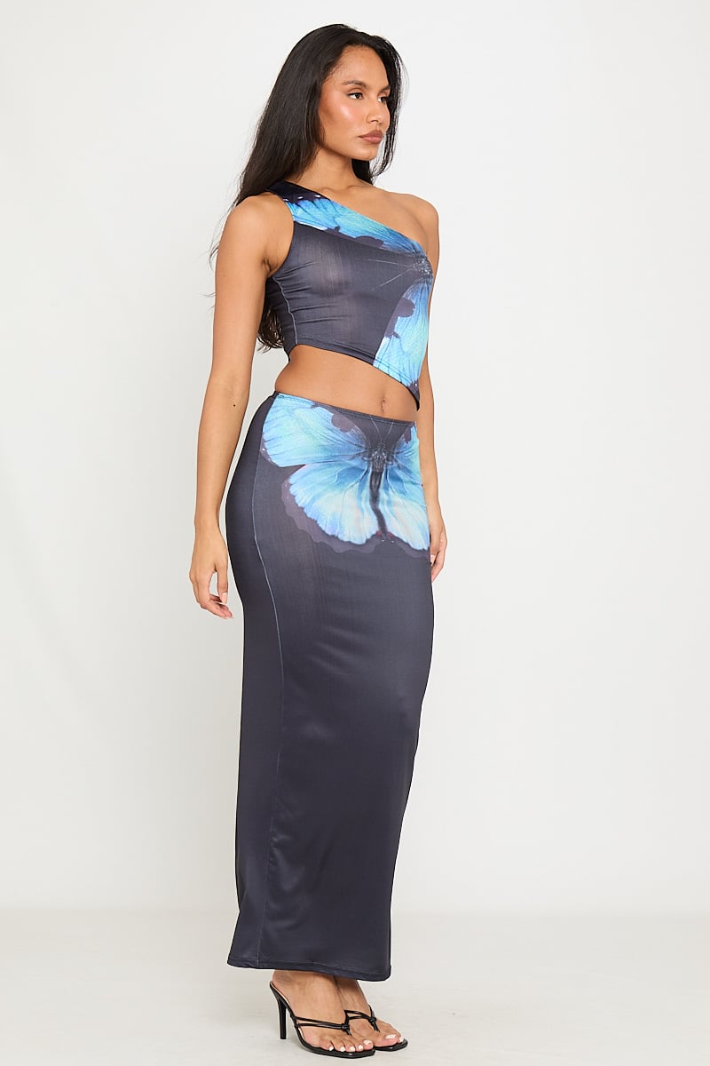 Ladonna | One-Shoulder Set with Butterfly Print and Maxi Skirt
