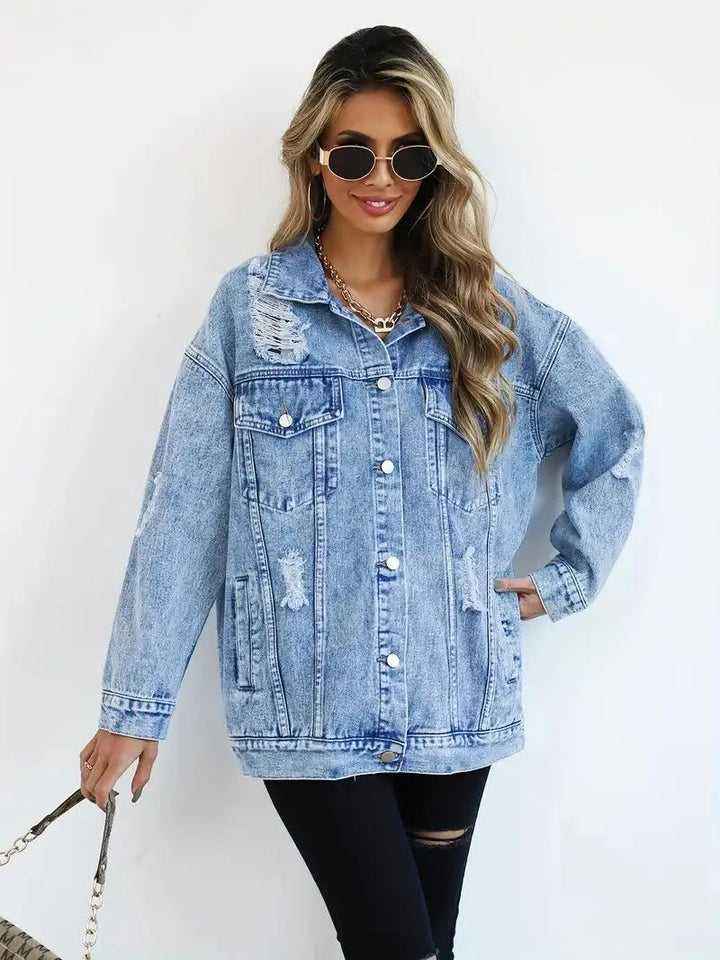 Oversized Women's Denim Jacket with Edgy Look and Snap Button Closure