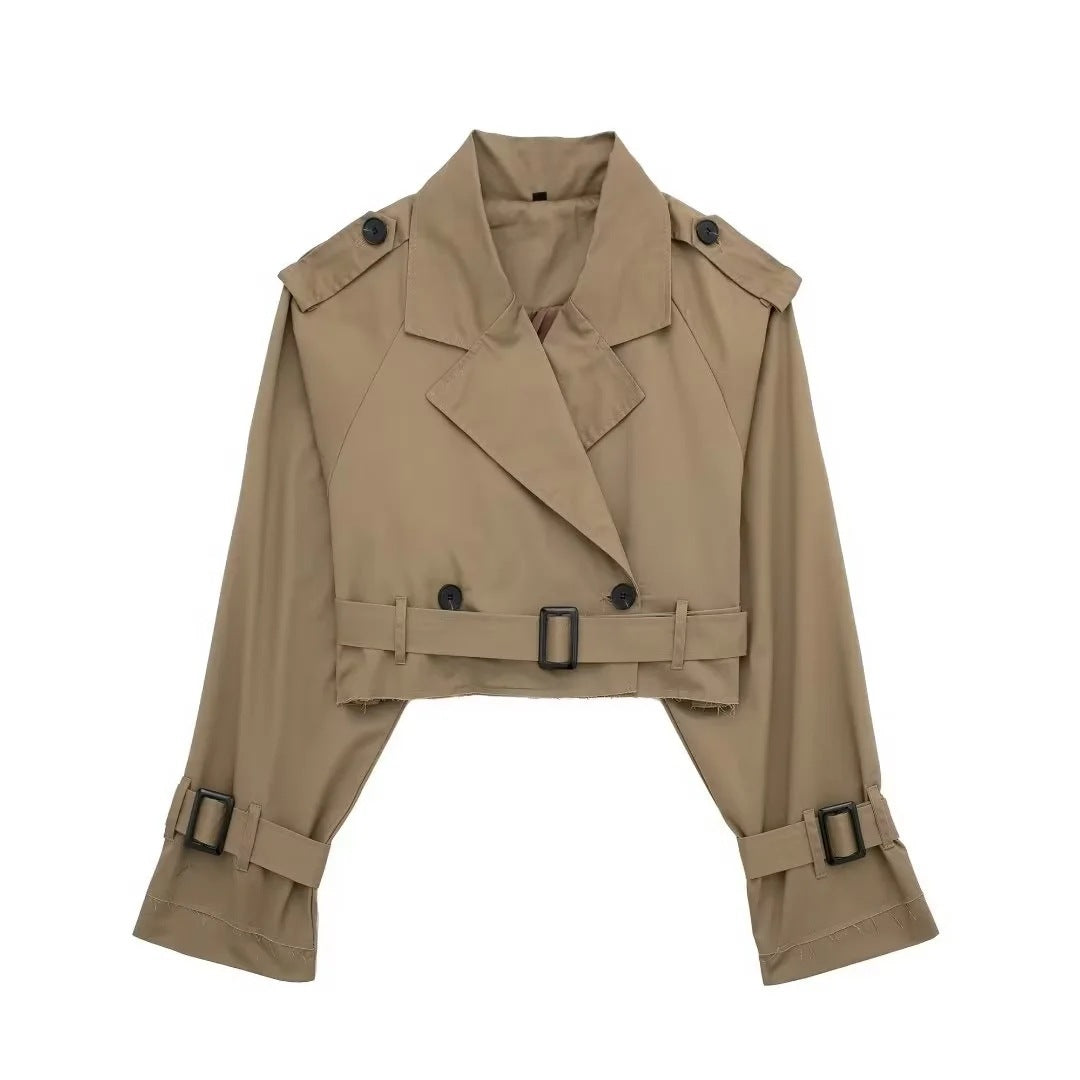 Stylish Women's Short Trench Coat with Belt and Classic Collar