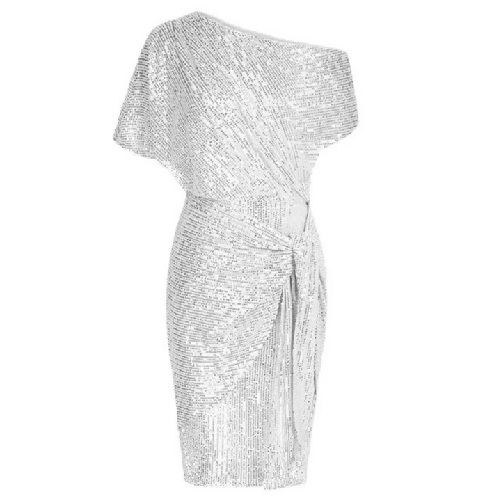 Sequin Women's Midi Dress with One-Shoulder and Bow Detail