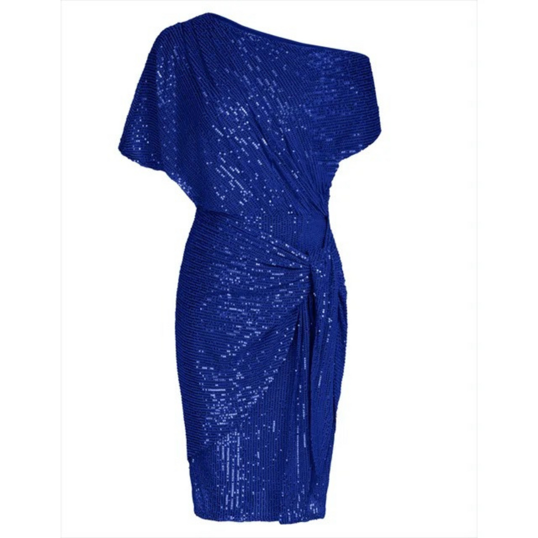 Sequin Women's Midi Dress with One-Shoulder and Bow Detail