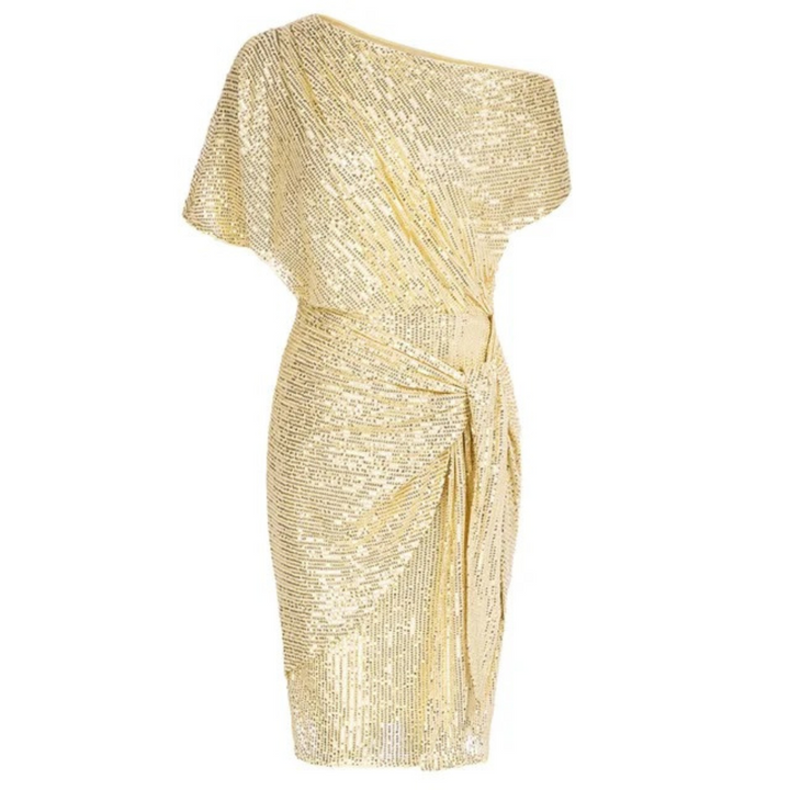 Sequin Women's Midi Dress with One-Shoulder and Bow Detail
