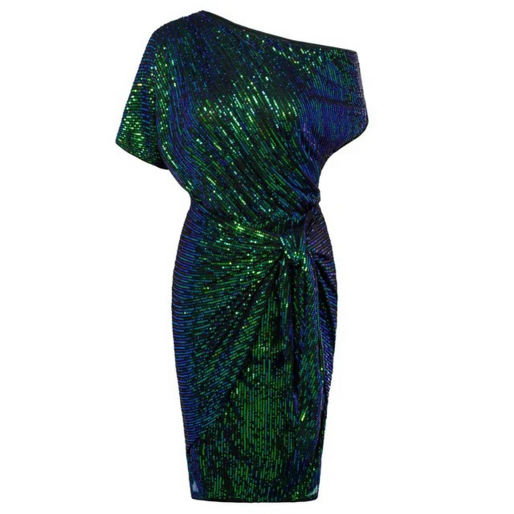 Sequin Women's Midi Dress with One-Shoulder and Bow Detail