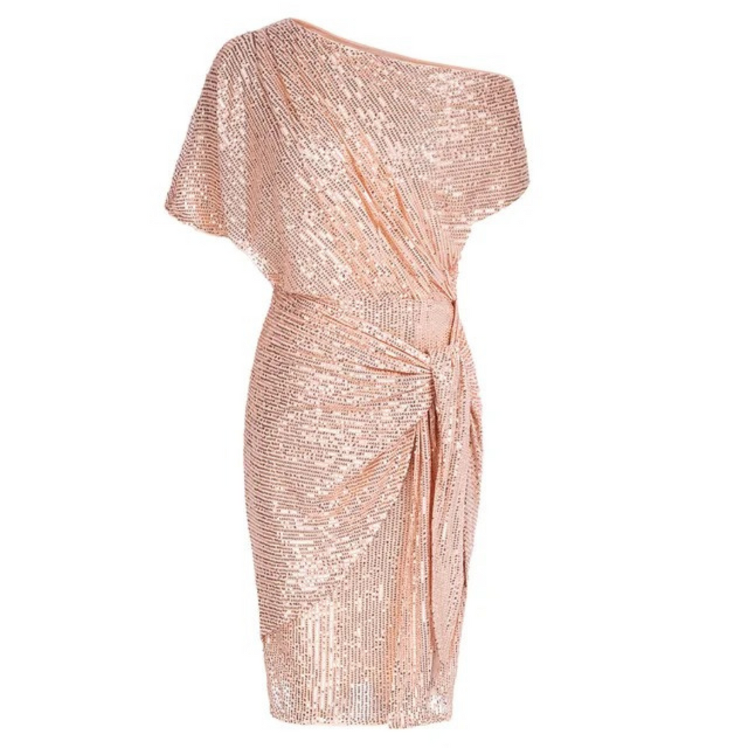 Sequin Women's Midi Dress with One-Shoulder and Bow Detail