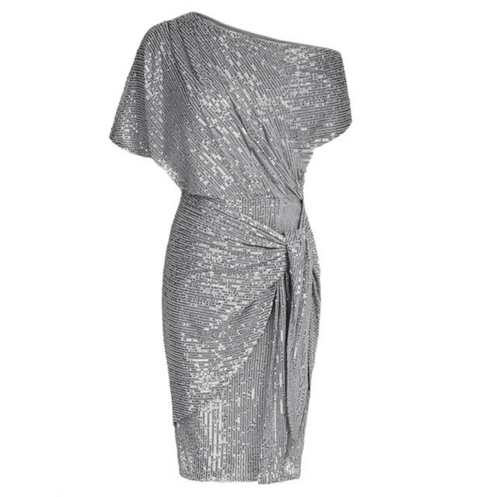 Sequin Women's Midi Dress with One-Shoulder and Bow Detail