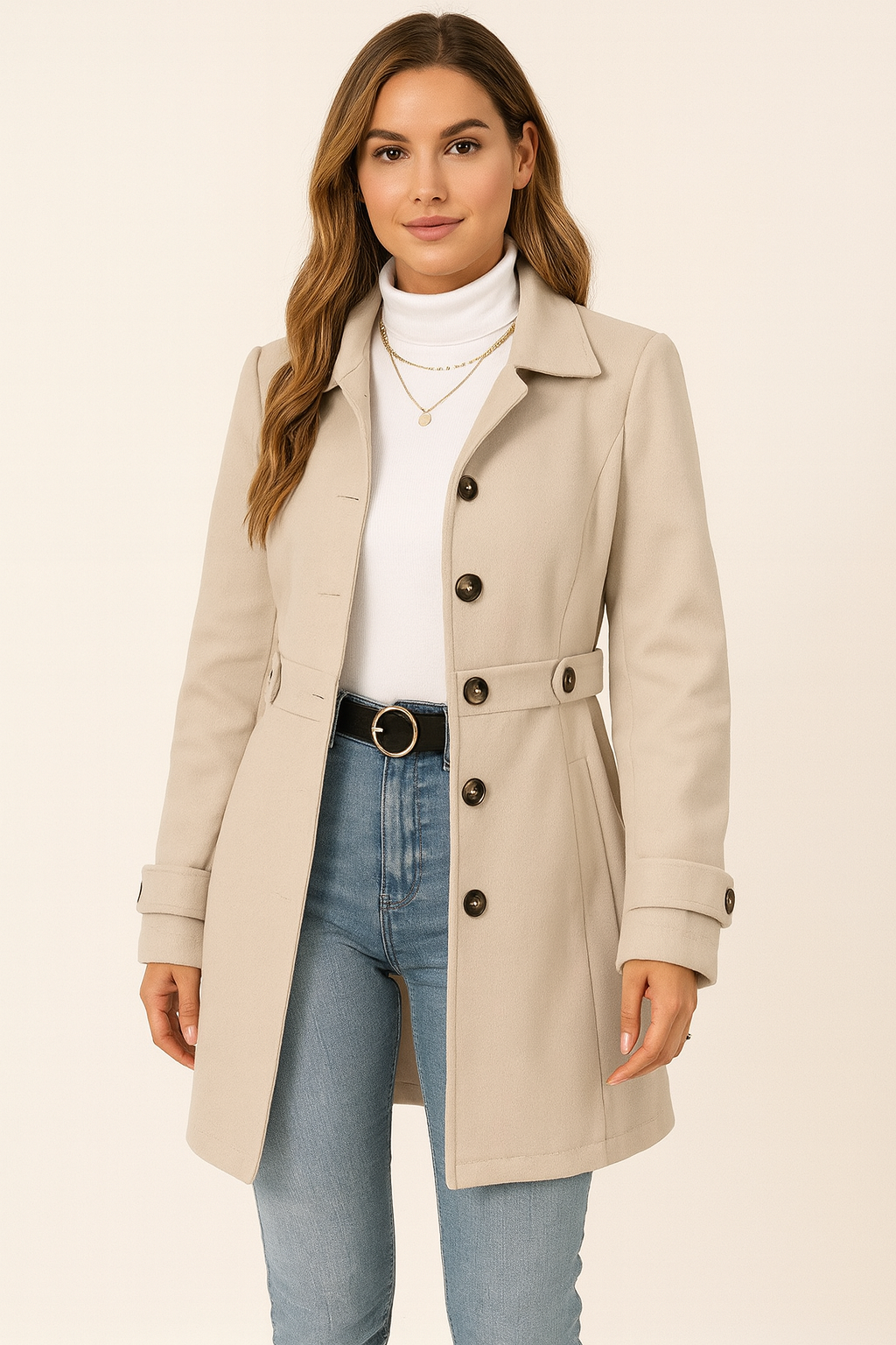 Short Women's Trench Coat with Buttons and Classic Collar