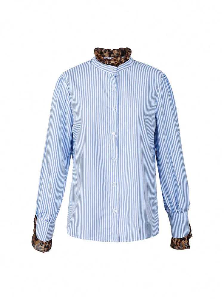 Blue Striped Women's Blouse with Leopard Print and Long Sleeves