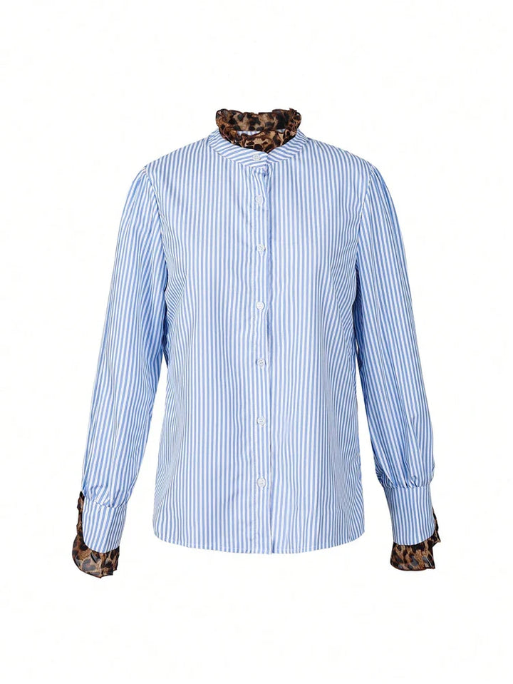 Blue Striped Women's Blouse with Leopard Print and Long Sleeves