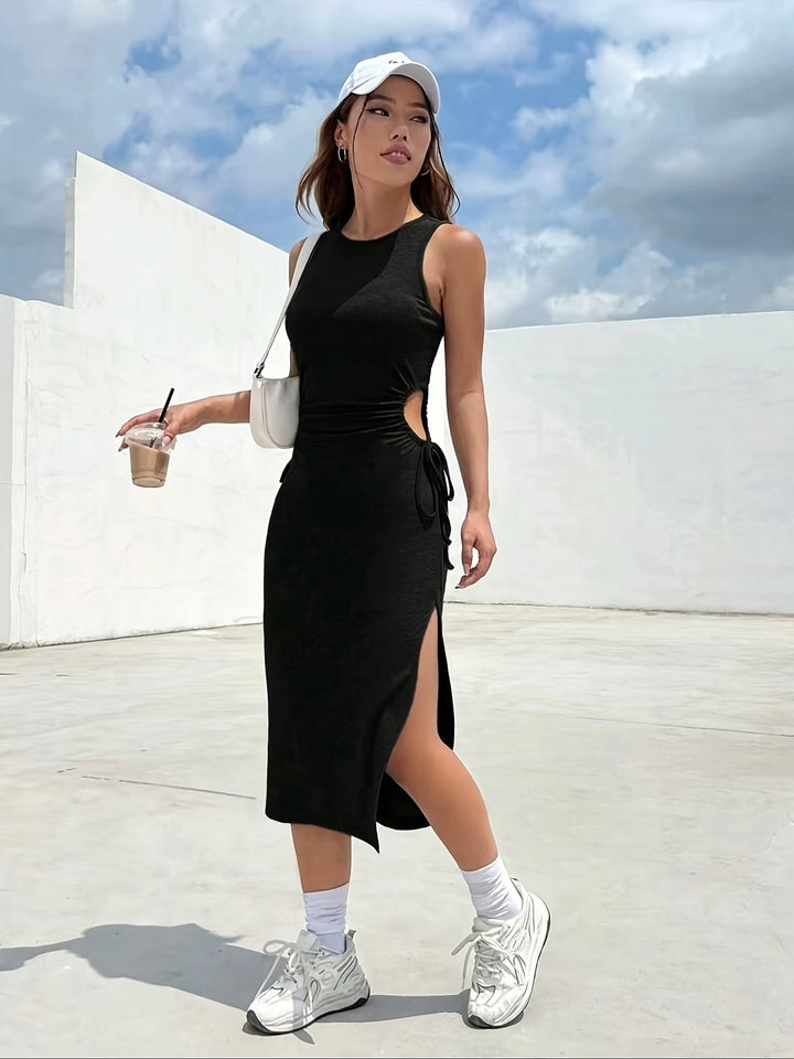 Fiana | Trendy Black Midi Dress with Drawstring