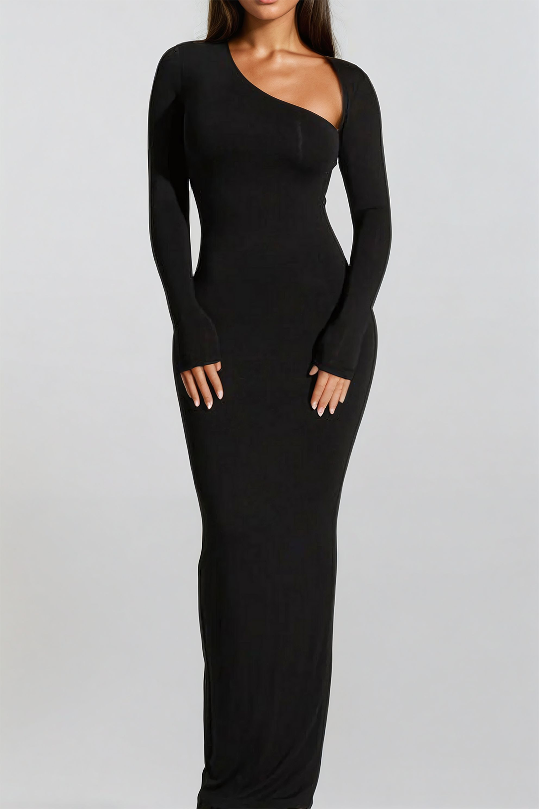 Luxury Asymmetrical Gala Maxi Dress with Long Sleeves