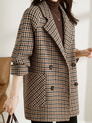 Brown Oversized Luxurious Women's Wool Blend Blazer with Double-Breasted Design
