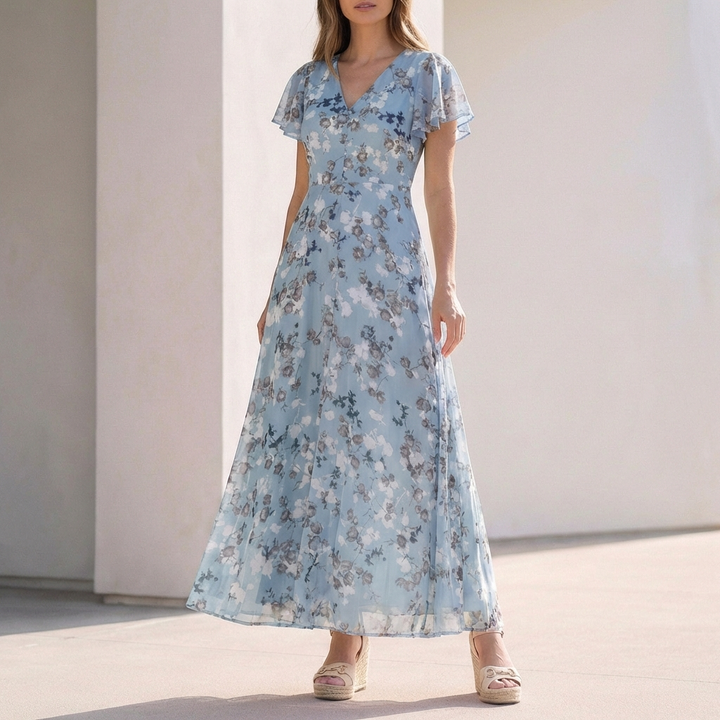 Comfortable Women's A-Line Maxi Dress With Floral Print And V Neck