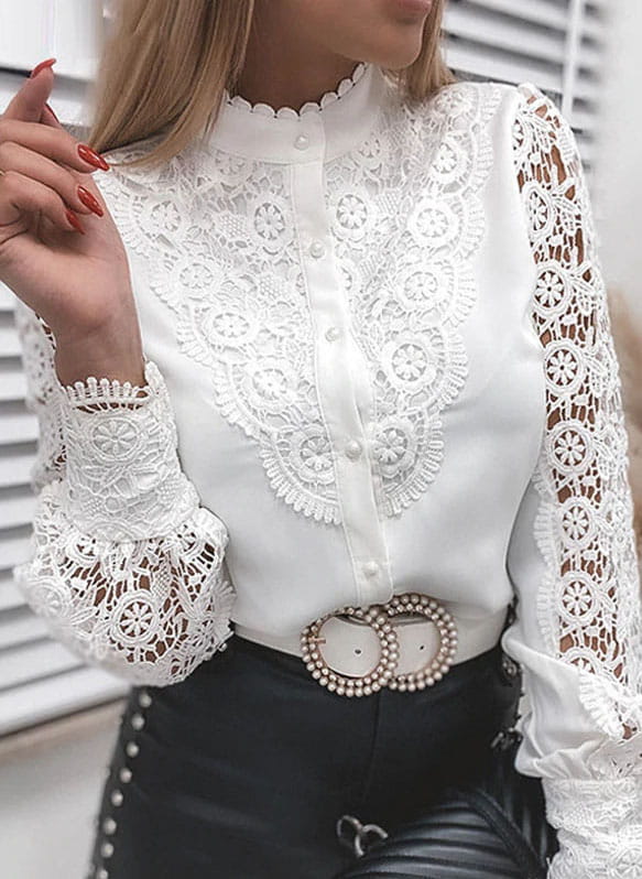 White Elegant Women's Blouse with Lace and Long Sleeves