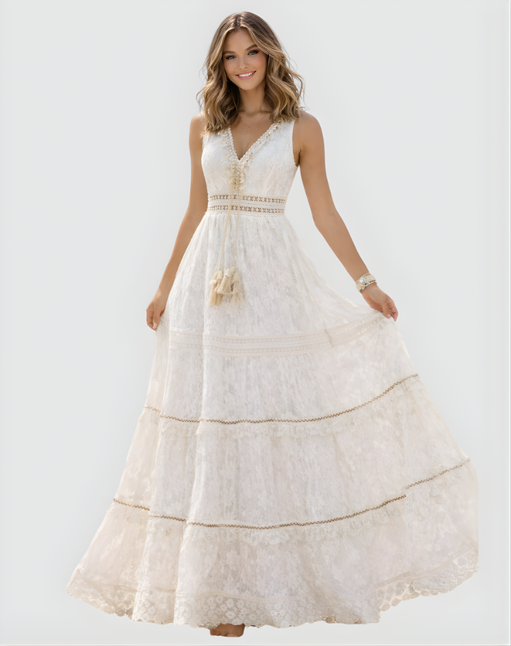 Bohemian Ladies Beach Maxi Dress with Lace and Deep V Neck