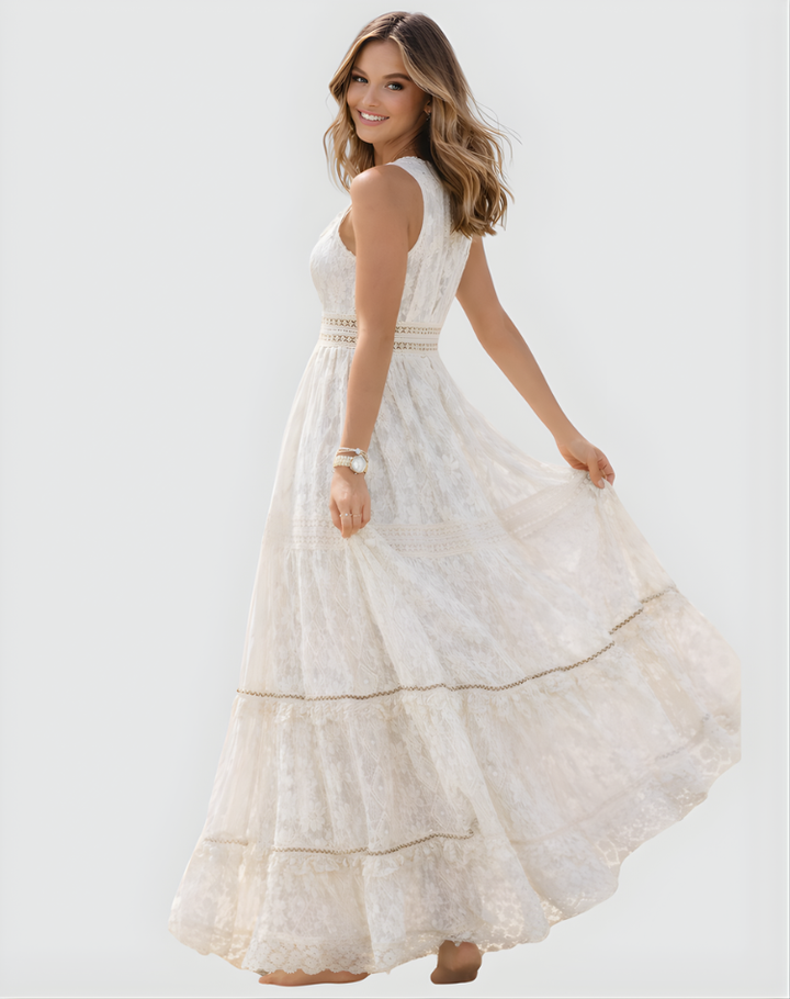 Bohemian Ladies Beach Maxi Dress with Lace and Deep V Neck