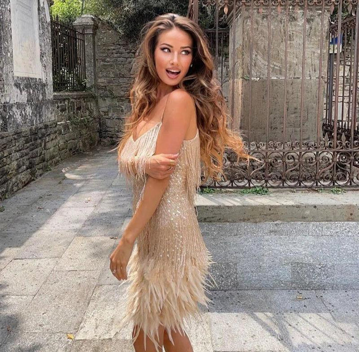 Stylish Party Mini Dress With Sequins And Fringe For Women