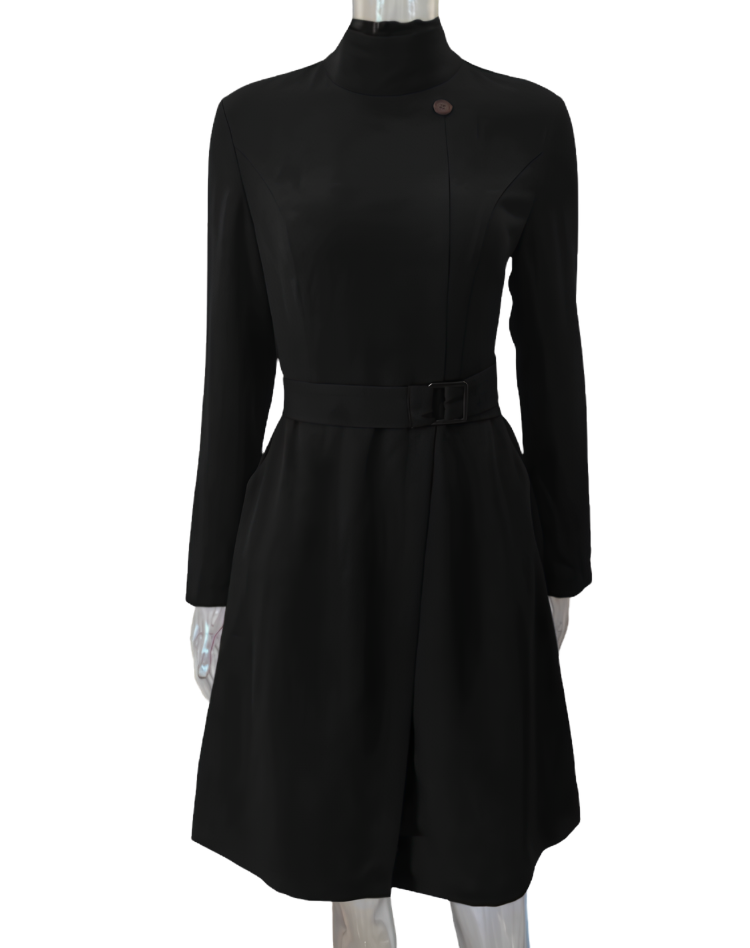 A-Line Elegant Midi Dress with Turtleneck and Waist Belt for Women
