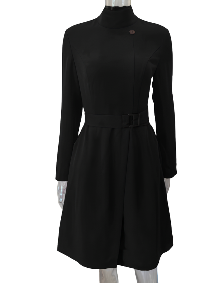 A-Line Elegant Midi Dress with Turtleneck and Waist Belt for Women