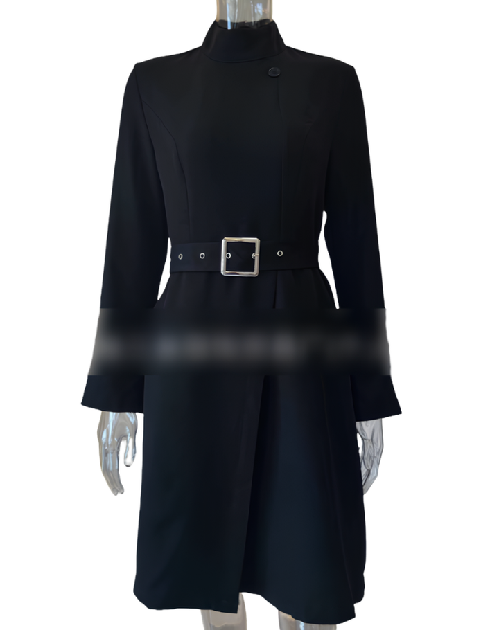 A-Line Elegant Midi Dress with Turtleneck and Waist Belt for Women