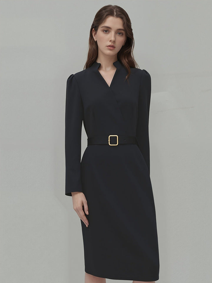 Elegant Women's Midi Dress with Belt and Long Sleeves