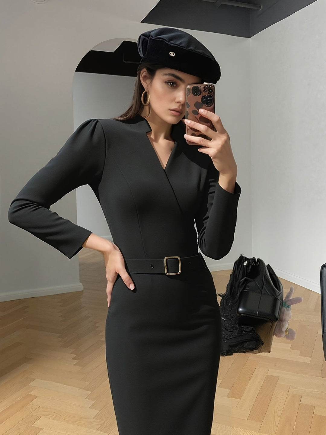Elegant Women's Midi Dress with Belt and Long Sleeves